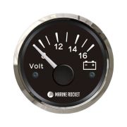 Вольтметр аналоговый 8-16 В, черный циферблат, нержавеющий ободок, д. 52 мм, Marine Rocket