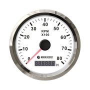 Тахометр 0-8000 об/мин со счетчиком моточасов делитель 1-10, белый циферблат, нержавеющий ободок, Marine Rocket