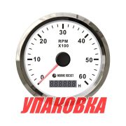 Тахометр 0-6000 об/мин со счетчиком моточасов делитель 1-10, белый циферблат, нержавеющий ободок, Marine Rocket (упаковка из 8 шт.)