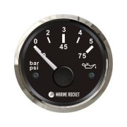Указатель давления масла 0-5 бар, черный циферблат, нержавеющий ободок, д. 52 мм, Marine Rocket