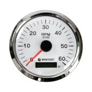 Тахометр 0-6000 об/мин со счетчиком моточасов делитель 0.5-250, белый циферблат, нержавеющий ободок, Marine Rocket