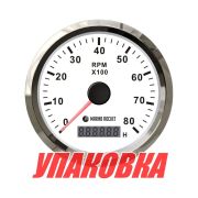 Тахометр 0-8000 об/мин со счетчиком моточасов делитель 0.5-250, белый циферблат, нержавеющий ободок, Marine Rocket (упаковка из 10 шт.)